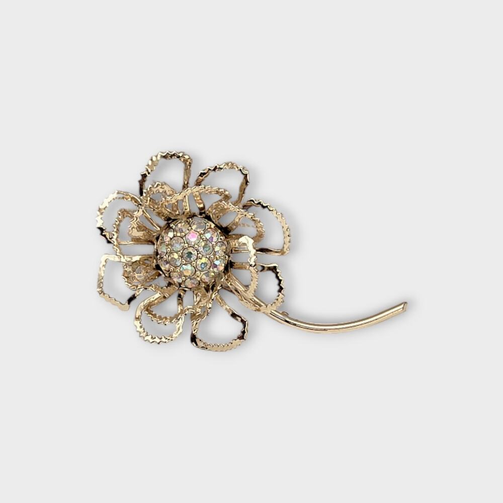 Sarah Coventry Filigree Flower Brooch Aurora Borealis Rhinestones Vintage Pin